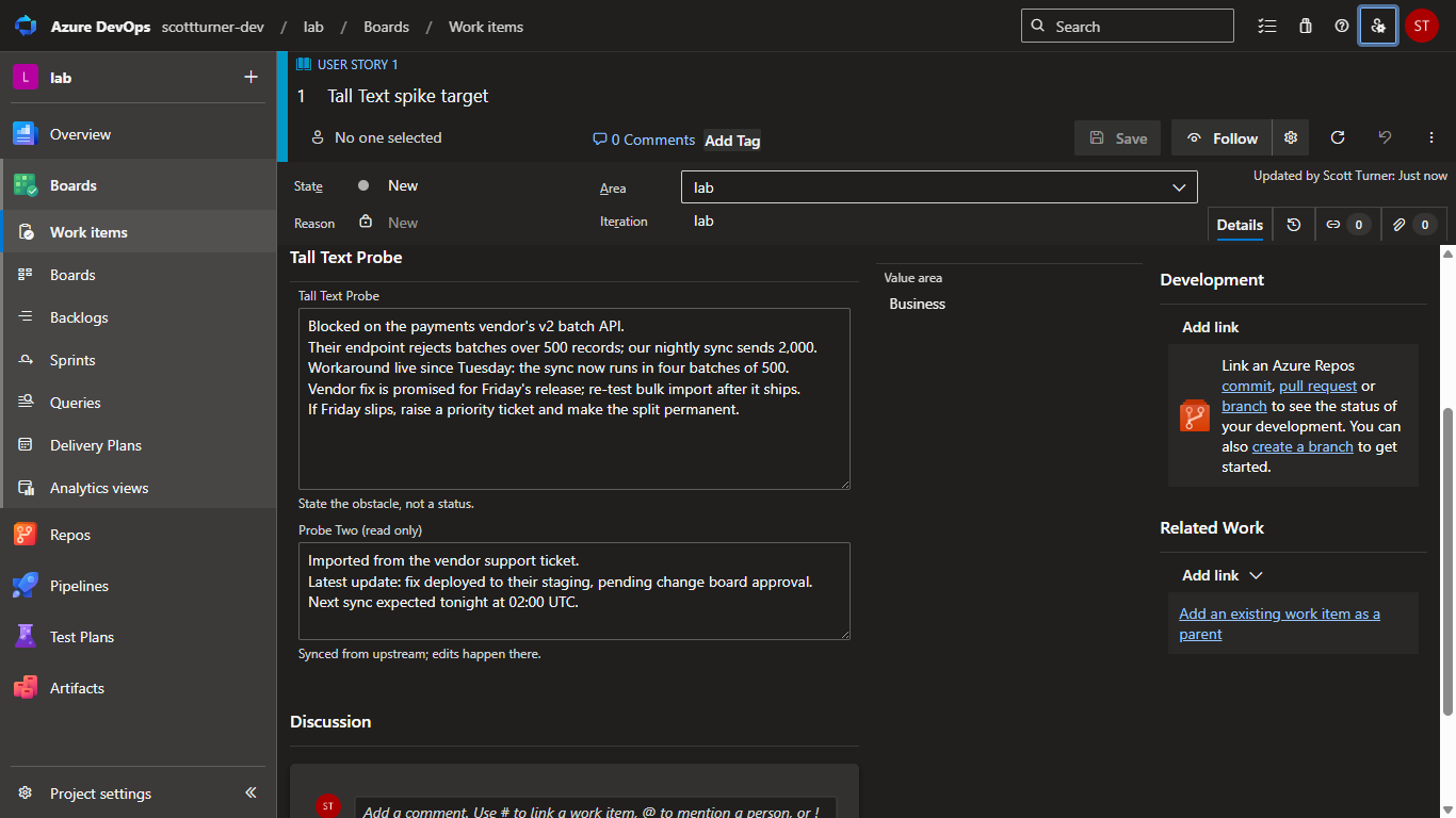 Tall Text on a work item form in dark mode